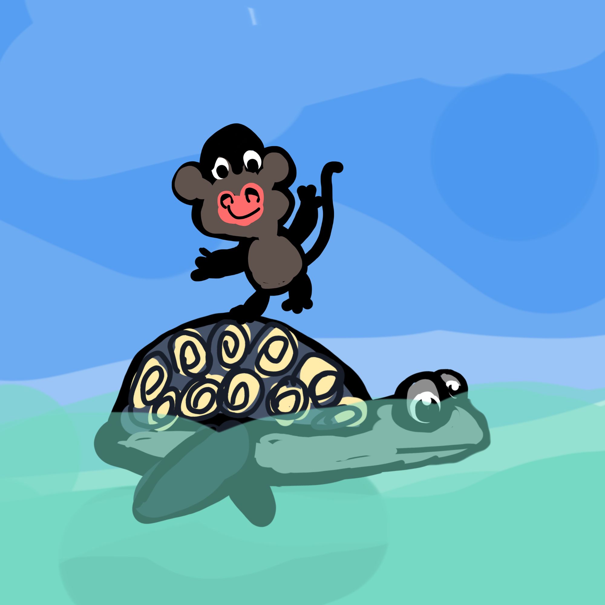 monkey on the back of a turtle trying to balance