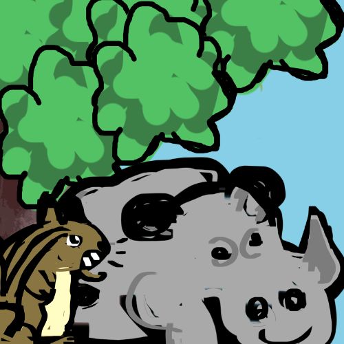 Cartoon drawing of an angry brown squirrel with bared teeth looking at a smiling grey rhino under a tree.